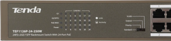 Коммутатор Tenda TEF1126P-24-250W (L2) 24x100Мбит/с 2x1Гбит/с 1SFP 24PoE 230W неуправляемый Коммутатор Tenda TEF1126P-24-250W (L2) 24x100Мбит/с 2x1Гбит/с 1SFP 24PoE 230W неуправляемый