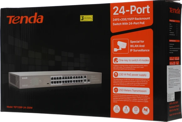 Коммутатор Tenda TEF1126P-24-250W (L2) 24x100Мбит/с 2x1Гбит/с 1SFP 24PoE 230W неуправляемый Коммутатор Tenda TEF1126P-24-250W (L2) 24x100Мбит/с 2x1Гбит/с 1SFP 24PoE 230W неуправляемый