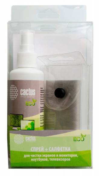 Чистящий набор (салфетки + спрей) Cactus CS-S3001E для экранов и оптики 1шт 18x18см 100мл Чистящий набор (салфетки + спрей) Cactus CS-S3001E для экранов и оптики 1шт 18x18см 100мл