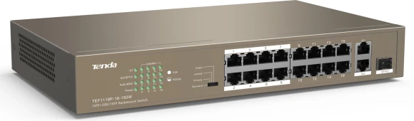 Коммутатор Tenda TEF1118P-16-150W (L2) 16x100Мбит/с 2x1Гбит/с 1SFP 16PoE 130W неуправляемый