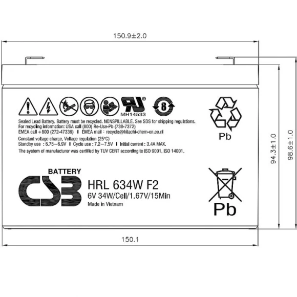 Батарея для ИБП CSB HRL634W F2 FR 6В 34Ач Батарея для ИБП CSB HRL634W F2 FR 6В 34Ач