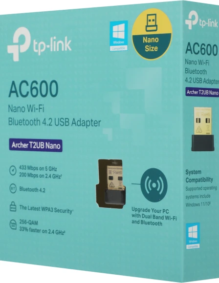 Сетевой адаптер Wi-Fi + Bluetooth TP-Link Archer T2UB Nano AC600 USB 2.0 (ант.внутр.) 1ант. Сетевой адаптер Wi-Fi + Bluetooth TP-Link Archer T2UB Nano AC600 USB 2.0 (ант.внутр.) 1ант.