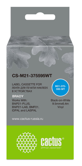Картридж ленточный Cactus CS-M21-375595WT черный на белом 9.5x6.4 для Brady BMP21-PLUS, BMP21-LAB Картридж ленточный Cactus CS-M21-375595WT черный на белом 9.5x6.4 для Brady BMP21-PLUS, BMP21-LAB