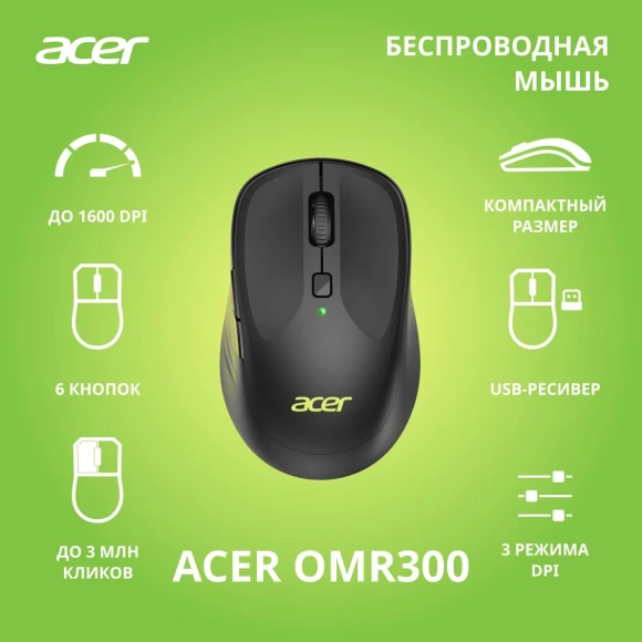 Мышь Acer OMR300 черный оптическая 1600dpi беспров. USB 6but (ZL.MCECC.01R)