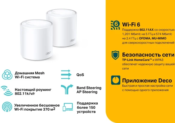 Бесшовный Mesh роутер TP-Link Deco X20(2-PACK) AX1800 10/100/1000BASE-TX белый (упак.:2шт) Бесшовный Mesh роутер TP-Link Deco X20(2-PACK) AX1800 10/100/1000BASE-TX белый (упак.:2шт)