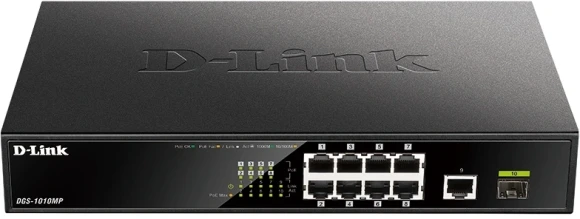Коммутатор D-Link DGS-1010MP/A1A 9x1Гбит/с 1SFP 8PoE 125W неуправляемый Коммутатор D-Link DGS-1010MP/A1A 9x1Гбит/с 1SFP 8PoE 125W неуправляемый