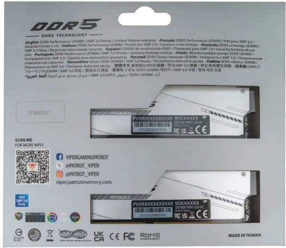 Память DDR5 2x24GB 8000MHz Patriot PVXR548G80C38KM Viper Xtreme 5 RGB RTL Gaming PC5-64000 CL38 DIMM 288-pin 1.45В с радиатором Ret Память DDR5 2x24GB 8000MHz Patriot PVXR548G80C38KM Viper Xtreme 5 RGB RTL Gaming PC5-64000 CL38 DIMM 288-pin 1.45В с радиатором Ret