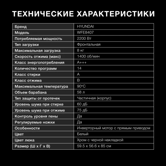 Стиральная машина Hyundai WFE8407 класс: A+++ загр.фронтальная макс.:8кг белый инвертор