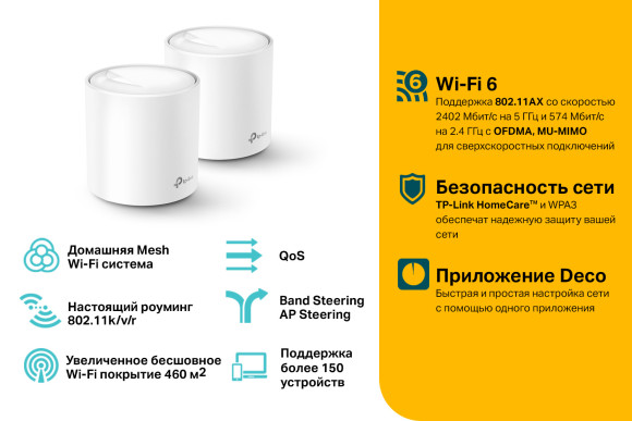 Бесшовный Mesh роутер TP-Link Deco X60(2-Pack) AX5400 10/100/1000BASE-TX белый (упак.:2шт)