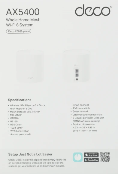 Бесшовный Mesh роутер TP-Link Deco X60(2-Pack) AX5400 10/100/1000BASE-TX белый (упак.:2шт)
