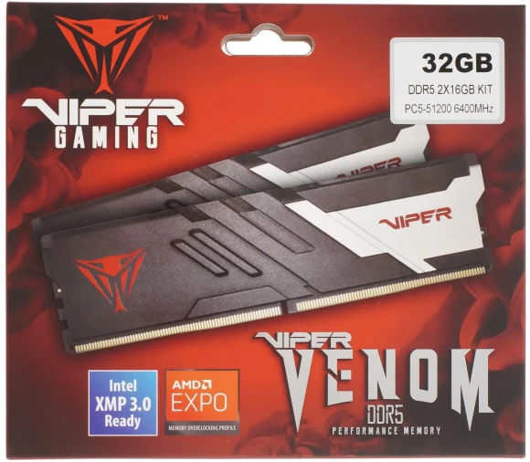 Память DDR5 2x16Gb 6400MHz Patriot PVV532G640C32K Viper Venom RTL Gaming PC5-51200 CL32 DIMM 288-pin 1.4В kit с радиатором Ret