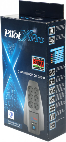 Сетевой фильтр Pilot X-Pro 7м (6 розеток) серый (коробка)