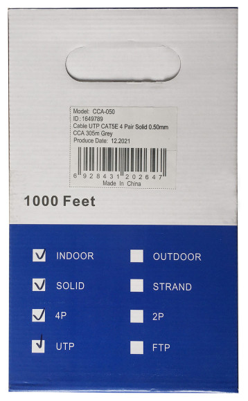 Кабель сетевой Ningbo UTP 4 пары cat.5E solid 0.5мм CCA molded 305м серый Кабель сетевой Ningbo UTP 4 пары cat.5E solid 0.5мм CCA molded 305м серый