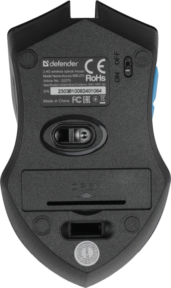 Мышь Defender Accura MM-275 черный/синий оптическая 1600dpi беспров. USB 5but (52275)