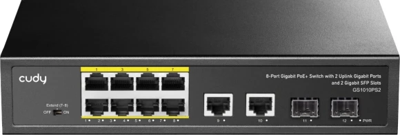 Коммутатор Cudy GS1010PS2 (L2) 10x1Гбит/с 2xКомбо(1000BASE-T/SFP) 2SFP 8PoE 120W неуправляемый