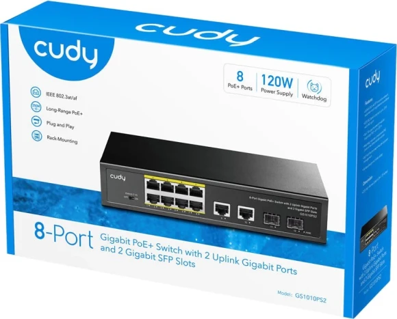 Коммутатор Cudy GS1010PS2 (L2) 10x1Гбит/с 2xКомбо(1000BASE-T/SFP) 2SFP 8PoE 120W неуправляемый