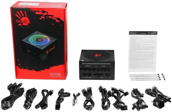 Блок питания Bloody ATX 750W BD-PS750G 80+ gold (20+4pin) APFC 120mm fan color LED 6xSATA Cab Manag RTL Блок питания Bloody ATX 750W BD-PS750G 80+ gold (20+4pin) APFC 120mm fan color LED 6xSATA Cab Manag RTL