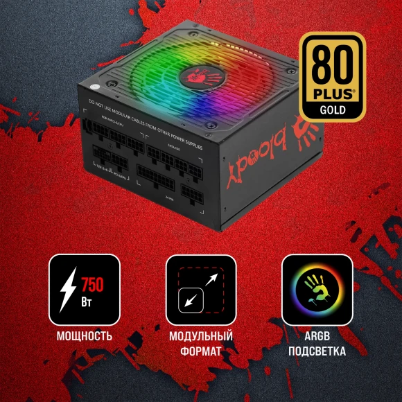 Блок питания Bloody ATX 750W BD-PS750G 80+ gold (20+4pin) APFC 120mm fan color LED 6xSATA Cab Manag RTL Блок питания Bloody ATX 750W BD-PS750G 80+ gold (20+4pin) APFC 120mm fan color LED 6xSATA Cab Manag RTL