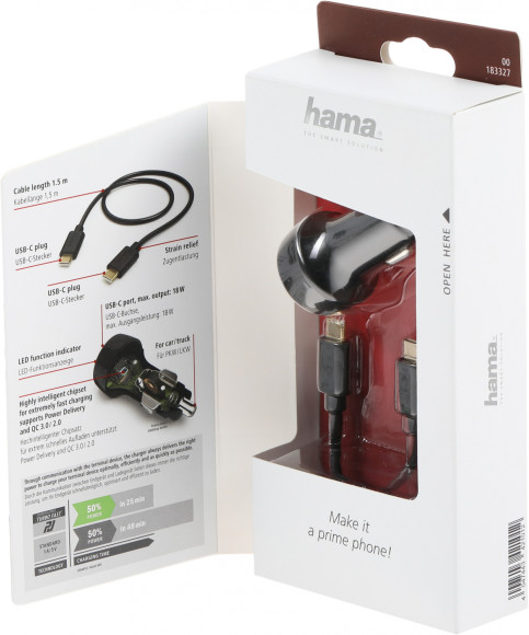 Автомобильное зар./устр. Hama H-183327 18W 3A (PD+QC) USB Type-C универсальное черный (00183327)
