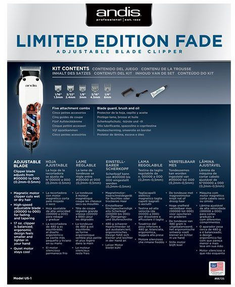 Машинка для стрижки Andis US-1 Fade in Barber Pole Design белый/рисунок (насадок в компл:5шт) Машинка для стрижки Andis US-1 Fade in Barber Pole Design белый/рисунок (насадок в компл:5шт)