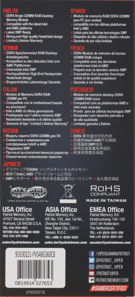 Память DDR4 8Gb 3600MHz Patriot PVS48G360C8 Viper Steel RTL Gaming PC4-28800 CL18 DIMM 288-pin 1.35В с радиатором Ret Память DDR4 8Gb 3600MHz Patriot PVS48G360C8 Viper Steel RTL Gaming PC4-28800 CL18 DIMM 288-pin 1.35В с радиатором Ret