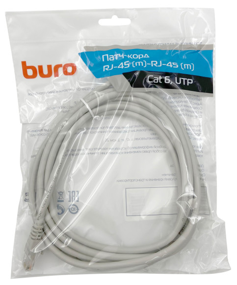 Патч-корд Buro UTP 4 пары cat6 CCA molded 3м серый RJ-45 (m)-RJ-45 (m)