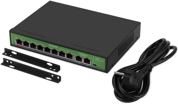 Коммутатор Digma DSP208F-2F-T120 DSP208F-2F-T120 V1 (L2) 10x100Мбит/с 8PoE 8PoE+ 120W неуправляемый