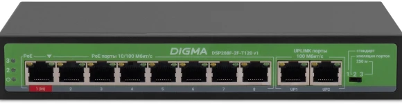 Коммутатор Digma DSP208F-2F-T120 DSP208F-2F-T120 V1 (L2) 10x100Мбит/с 8PoE 8PoE+ 120W неуправляемый
