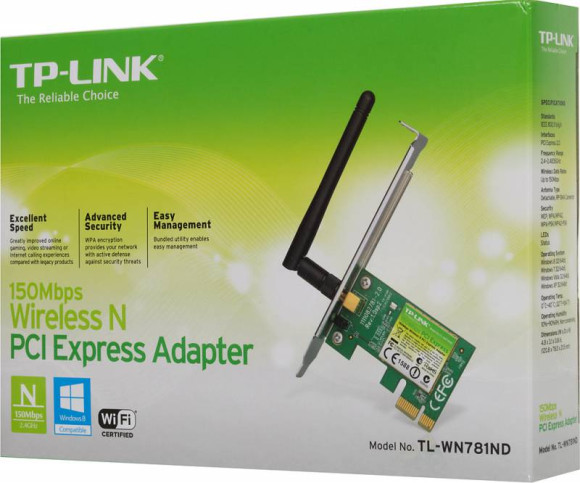 Сетевой адаптер Wi-Fi TP-Link TL-WN781ND N150 PCI Express (ант.внеш.съем) 1ант.