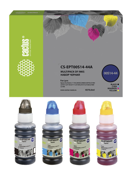 Чернила Cactus CS-EPT00S14-44A 103 многоцветный набор 4x70мл для Epson L1110 Ecotank/L3100/L3101/L3110/L3150/L3151 Чернила Cactus CS-EPT00S14-44A 103 многоцветный набор 4x70мл для Epson L1110 Ecotank/L3100/L3101/L3110/L3150/L3151