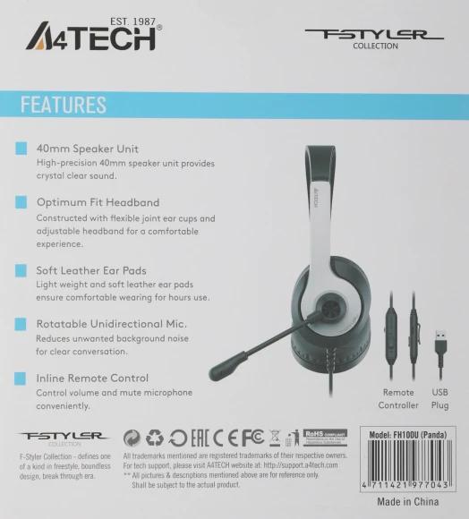 Наушники с микрофоном A4Tech Fstyler FH100U белый/черный 2м накладные USB оголовье (FH100U (PANDA))