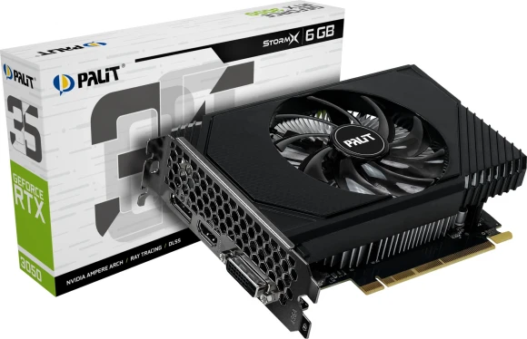 Видеокарта Palit PCI-E 4.0 PA-RTX3050 STORMX NVIDIA GeForce RTX 3050 6Gb 96bit GDDR6 1042/14000 DVIx1 HDMIx1 DPx1 HDCP Ret