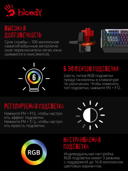 Клавиатура A4Tech B865R механическая серый/черный USB for gamer LED кабель 1.8м