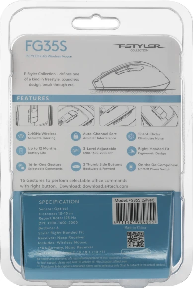 Мышь A4Tech Fstyler FG35S серебристый/белый оптическая 2000dpi silent беспров. USB 5but (FG35S USB SILVER) Мышь A4Tech Fstyler FG35S серебристый/белый оптическая 2000dpi silent беспров. USB 5but (FG35S USB SILVER)