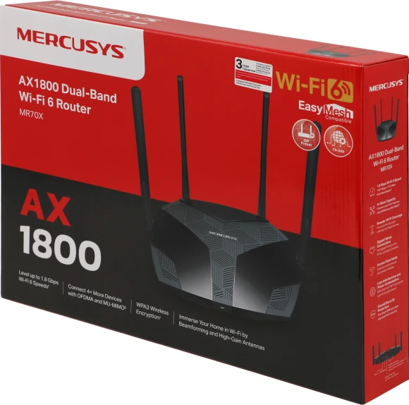 Роутер беспроводной Mercusys MR70X AX1800 10/100/1000BASE-TX черный Роутер беспроводной Mercusys MR70X AX1800 10/100/1000BASE-TX черный