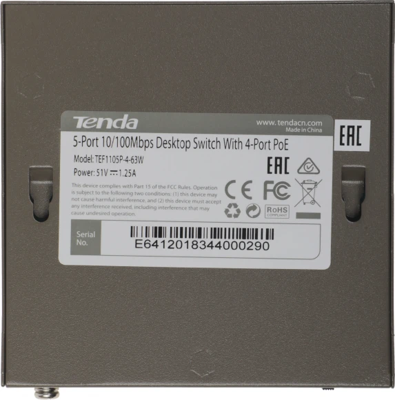 Коммутатор Tenda TEF1105P-4-63W (L2) 5x100Мбит/с 4PoE 58W неуправляемый