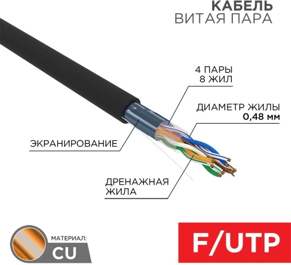 Кабель информационный PROconnect 01-0154 кат.5E FTP 4 пары 24AWG PE внешний 305м черный Кабель информационный PROconnect 01-0154 кат.5E FTP 4 пары 24AWG PE внешний 305м черный
