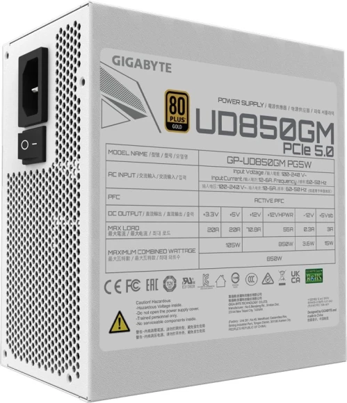 Блок питания Gigabyte ATX 850W GP-UD850GM Gen.5 snow 80+ gold (20+4pin) APFC 120mm fan 8xSATA Cab Manag RTL Блок питания Gigabyte ATX 850W GP-UD850GM Gen.5 snow 80+ gold (20+4pin) APFC 120mm fan 8xSATA Cab Manag RTL