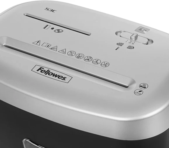 Шредер Fellowes PowerShred 53С черный/серый (секр.P-4) фрагменты 10лист. 23лтр. скрепки скобы пл.карты CD Шредер Fellowes PowerShred 53С черный/серый (секр.P-4) фрагменты 10лист. 23лтр. скрепки скобы пл.карты CD