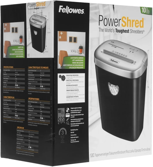 Шредер Fellowes PowerShred 53С черный/серый (секр.P-4) фрагменты 10лист. 23лтр. скрепки скобы пл.карты CD Шредер Fellowes PowerShred 53С черный/серый (секр.P-4) фрагменты 10лист. 23лтр. скрепки скобы пл.карты CD