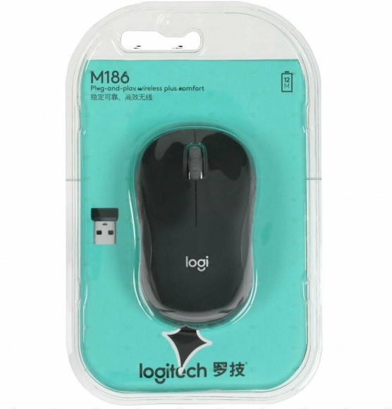 Мышь Logitech M186 черный/серый оптическая 1000dpi беспров. USB для ноутбука 2but (910-004131)