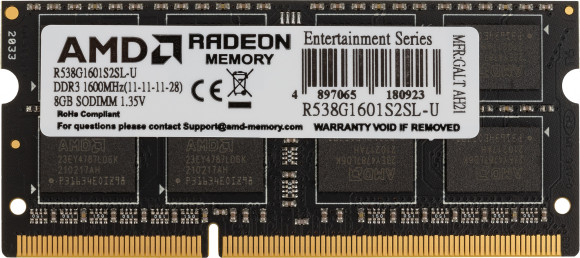 Память DDR3L 8Gb 1600MHz AMD R538G1601S2SL-U RTL PC3-12800 CL11 SO-DIMM 204-pin 1.35В Ret Память DDR3L 8Gb 1600MHz AMD R538G1601S2SL-U RTL PC3-12800 CL11 SO-DIMM 204-pin 1.35В Ret