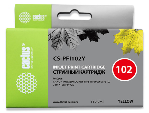 Картридж струйный Cactus CS-PFI102Y PFI-102 Y желтый (130мл) для Canon IP iPF500/iPF600/iPF700/MFP M40/iPF765/LP17/LP24 с чипом