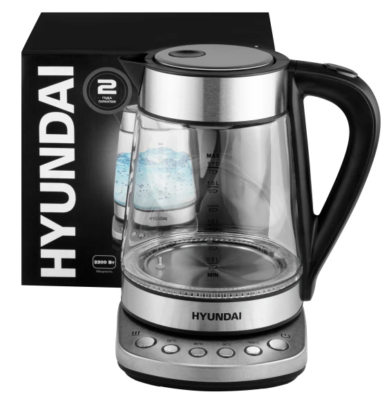 Чайник электрический Hyundai HYK-G3026 1.7л. 2200Вт серебристый/черный корпус: стекло/металл/пластик