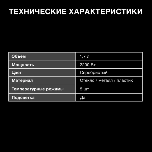 Чайник электрический Hyundai HYK-G3026 1.7л. 2200Вт серебристый/черный корпус: стекло/металл/пластик