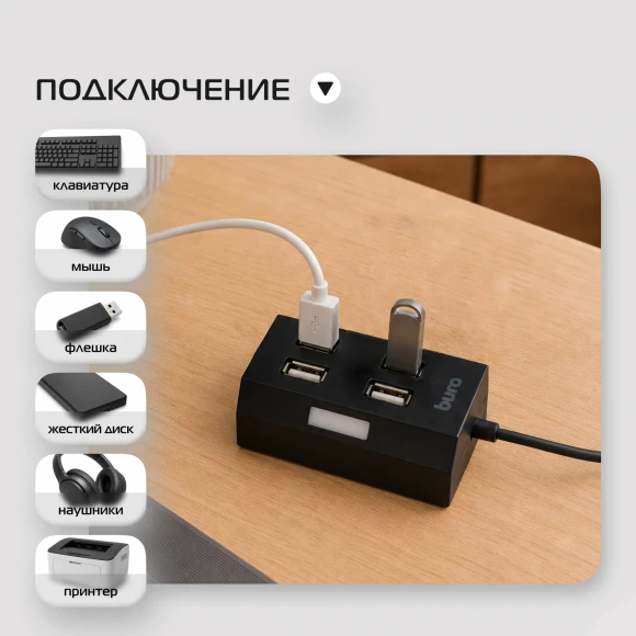 Разветвитель USB 2.0 Buro BU-HUB4-U2.0 4порт. черный