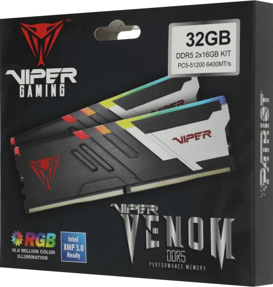 Память DDR5 2x16Gb 6400MHz Patriot PVVR532G640C32K Viper Venom RGB RTL Gaming PC5-51200 CL32 DIMM 288-pin 1.4В kit с радиатором Ret