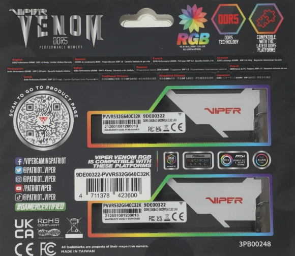Память DDR5 2x16Gb 6400MHz Patriot PVVR532G640C32K Viper Venom RGB RTL Gaming PC5-51200 CL32 DIMM 288-pin 1.4В kit с радиатором Ret