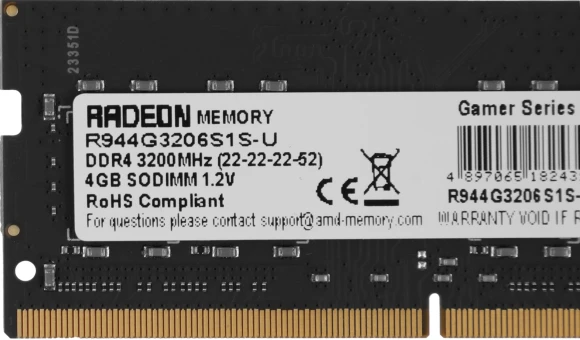 Память DDR4 4GB 3200MHz AMD R944G3206S1S-U R9 RTL PC4-25600 CL22 SO-DIMM 260-pin 1.2В Ret Память DDR4 4GB 3200MHz AMD R944G3206S1S-U R9 RTL PC4-25600 CL22 SO-DIMM 260-pin 1.2В Ret