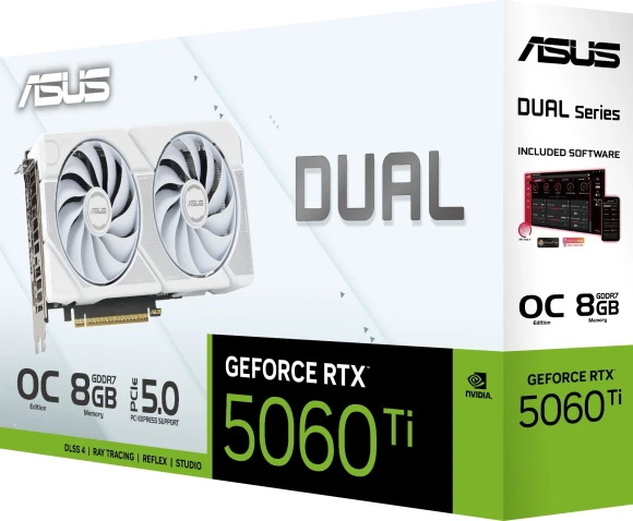 Видеокарта Asus PCI-E 5.0 DUAL-RTX5060TI-O8G-WHITE NVIDIA GeForce RTX 5060TI 8Gb 128bit GDDR7 2602/28000 HDMIx1 DPx3 HDCP Ret